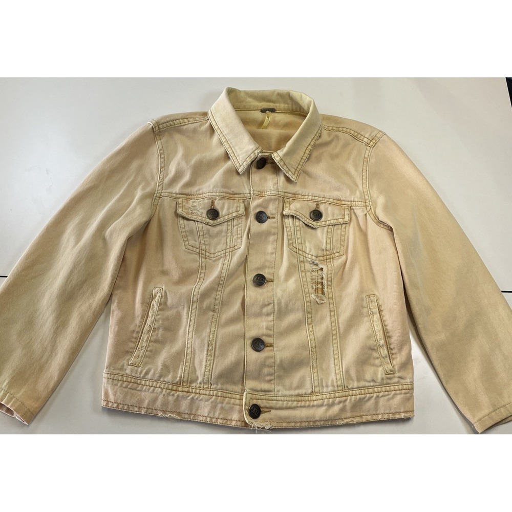 Free People Womens Size 8 Pale Yellow Distressed Cotton 5 Button Denim Jacket